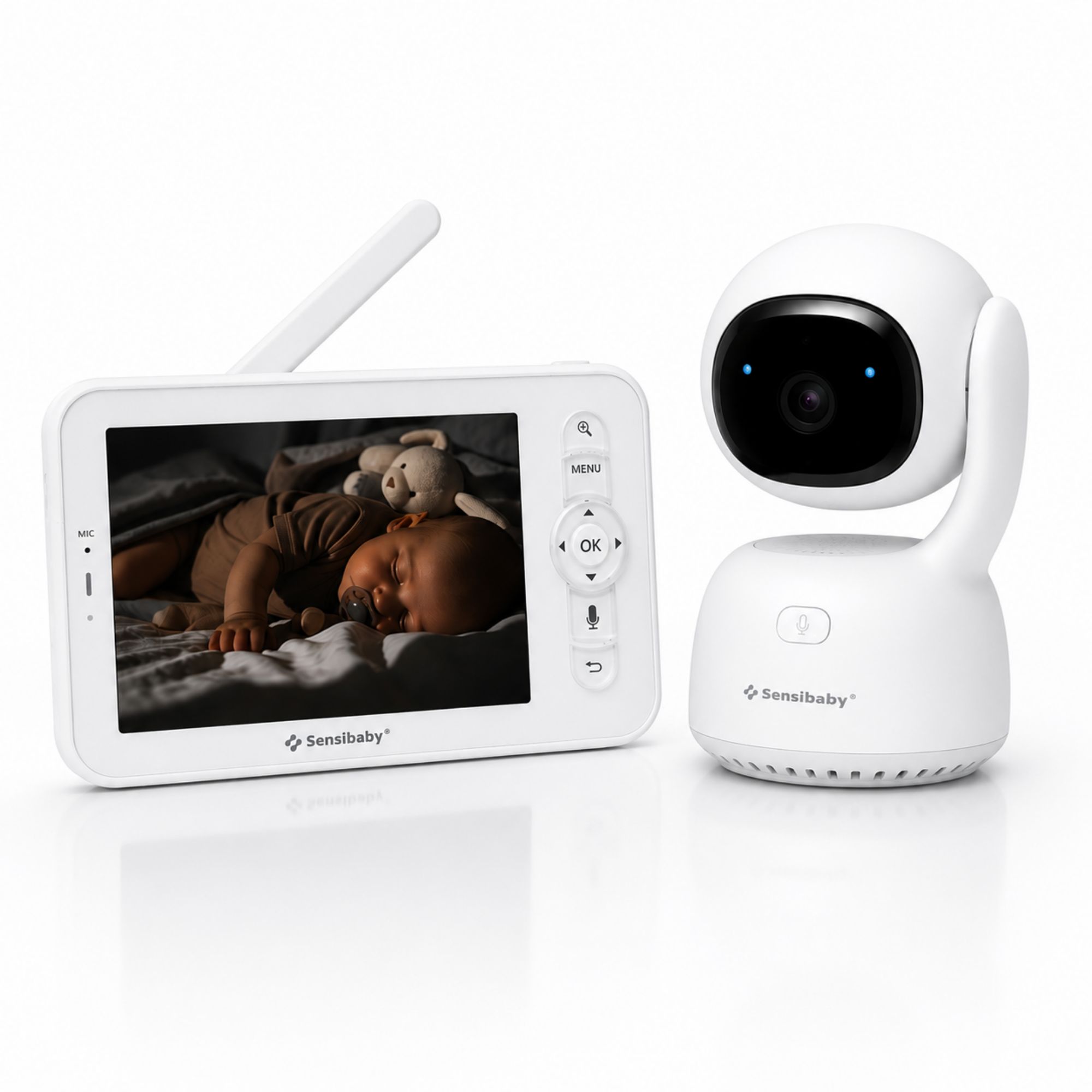 Babyphone mit Kamera und 5-Zoll-Monitor. Zeigt schlafendes Baby. Weißes Design.