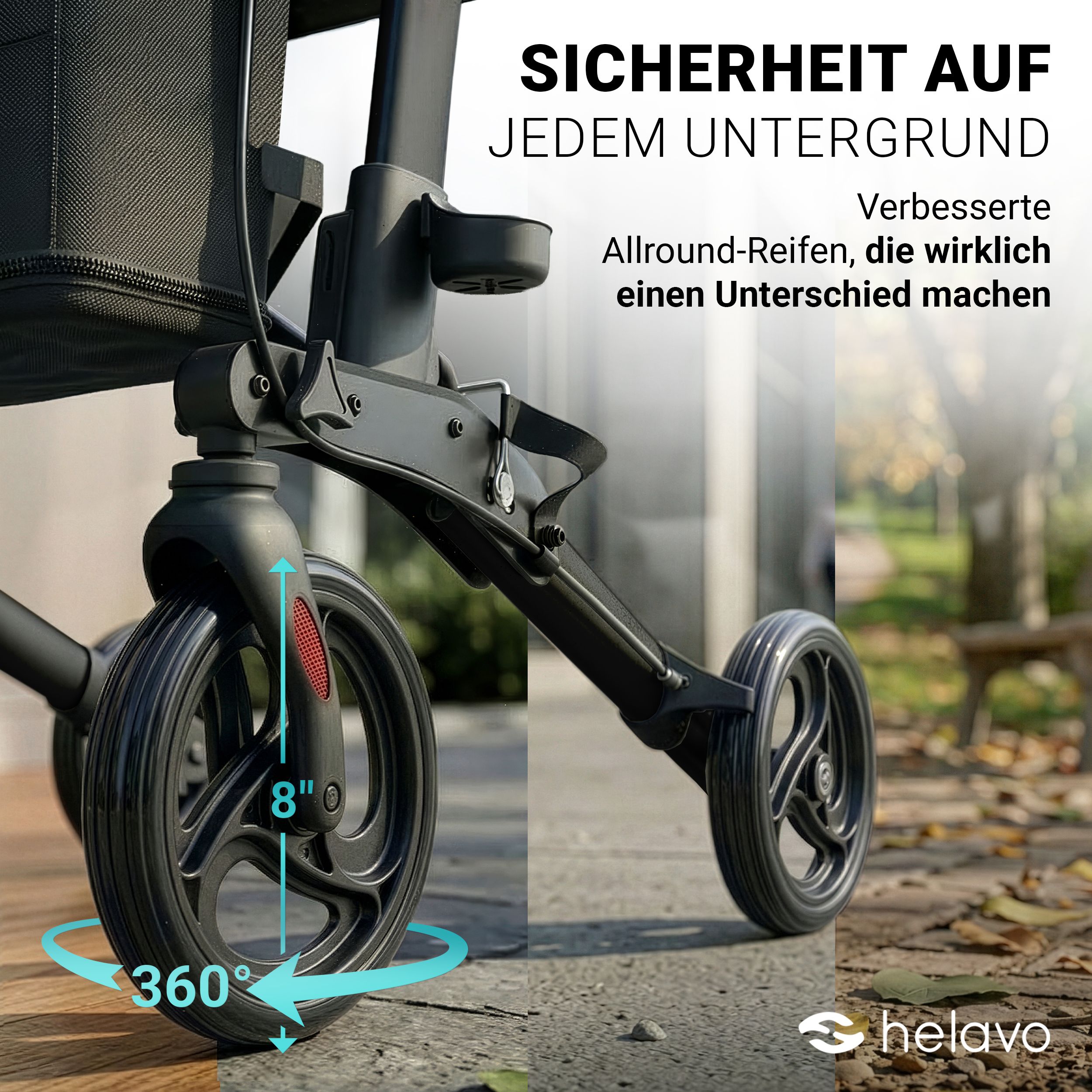 Detailansicht der 8-Zoll-Räder eines faltbaren Helavo Rollators. 360-Grad-Drehung.