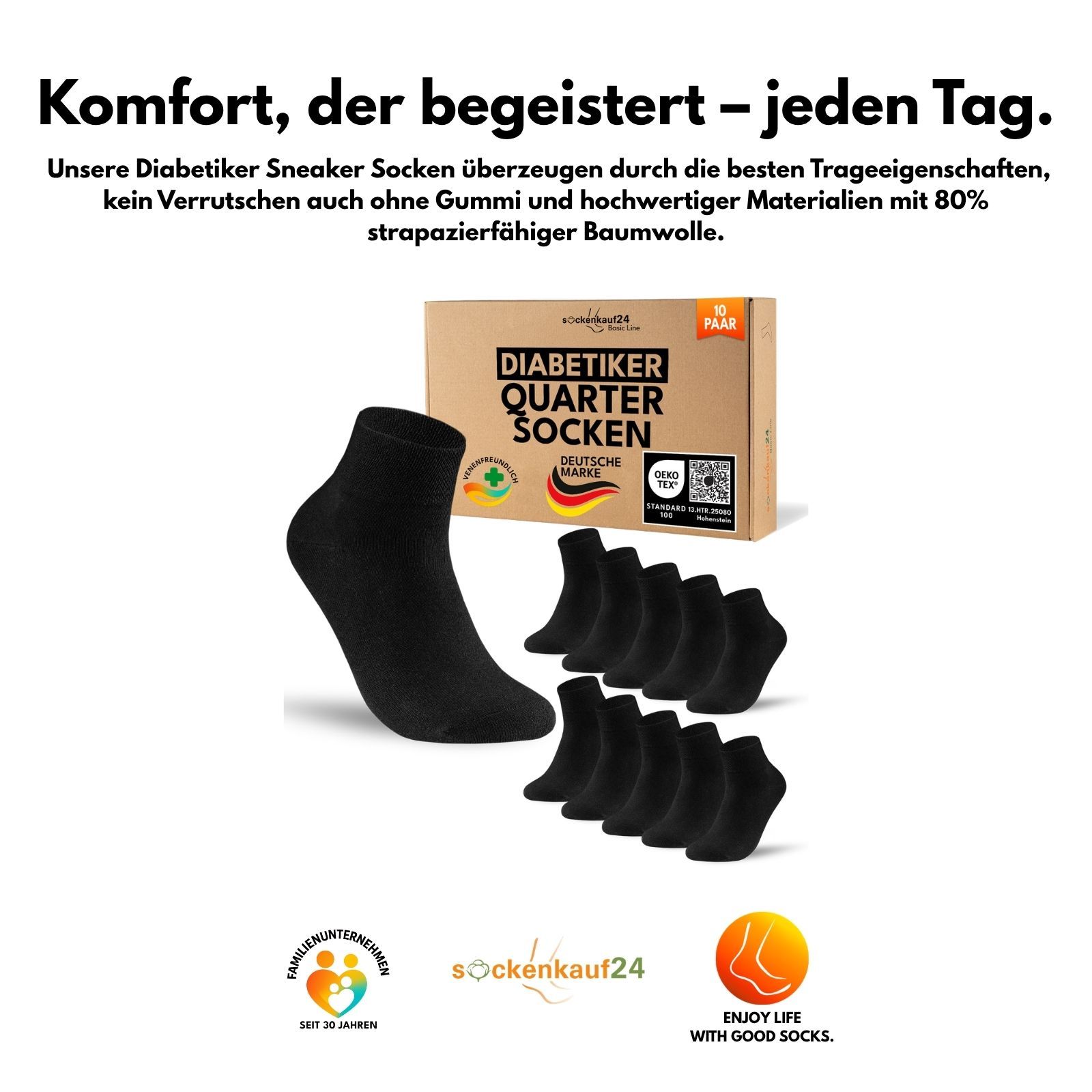 Box mit schwarzen Quarter Socken. Text: Diabetiker Quarter Socken, Deutsche Marke, OEKO-TEX. Logo: sockenkauf24.