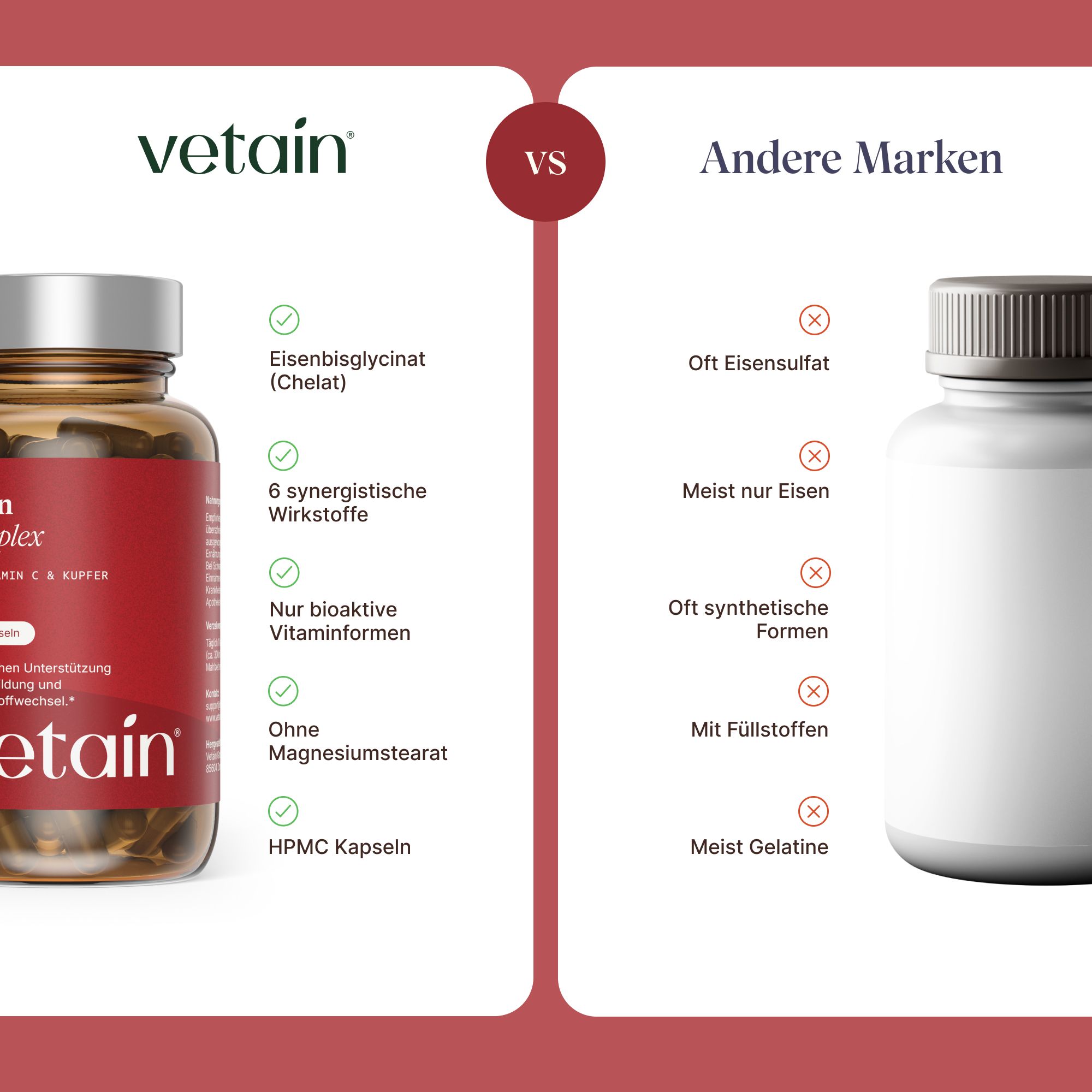 Vergleich vetain „Eisen Komplex“ mit anderen Marken. vetain hat Eisenbisglycinat, 6 Wirkstoffe, bioaktive Vitamine, ohne Füllstoffe.