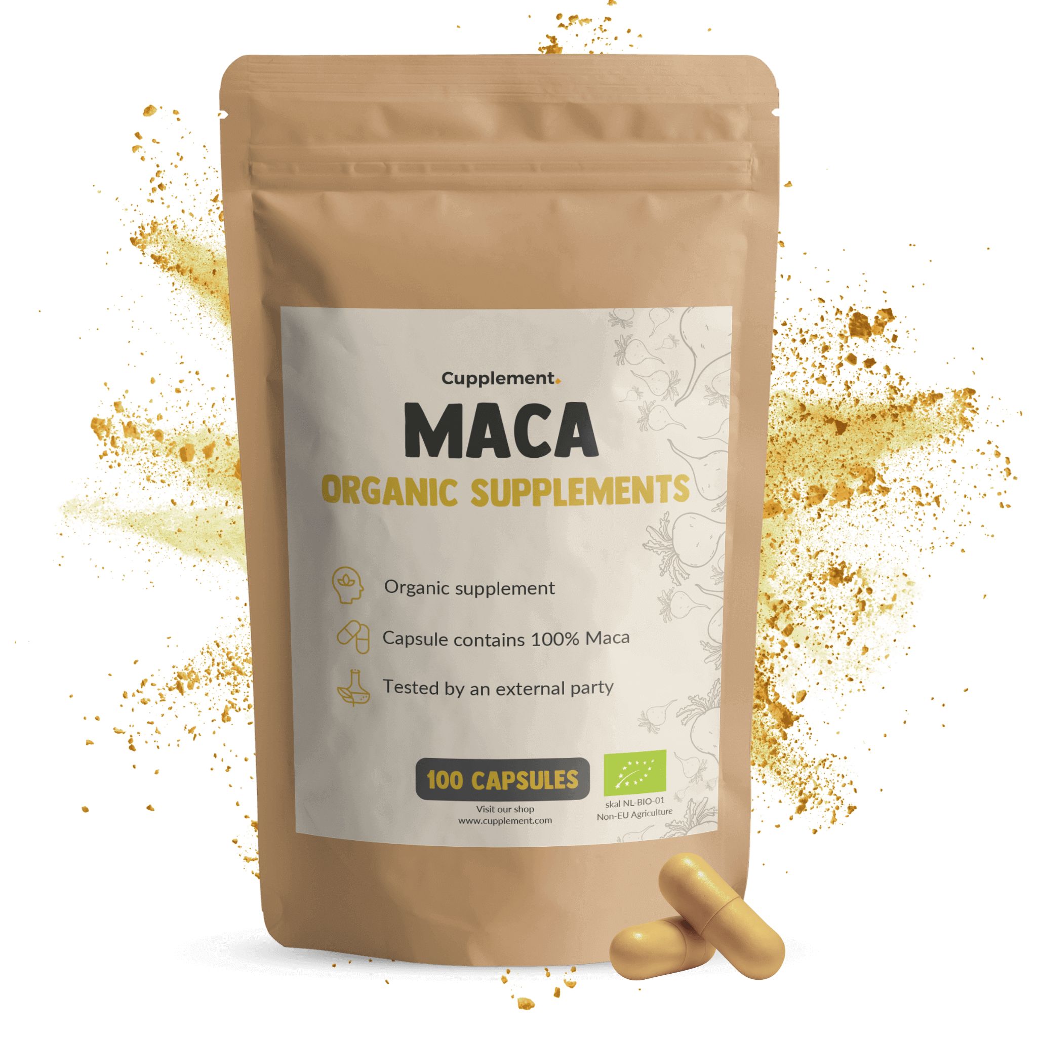 Beutel mit Kapseln. Aufschrift: MACA ORGANIC SUPPLEMENTS. 100 Kapseln. Zwei Kapseln liegen daneben.