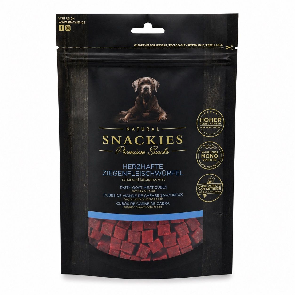 SNACKIES Herzhafte Ziegenfleischwürfel - Monoprotein Snack für Hunde