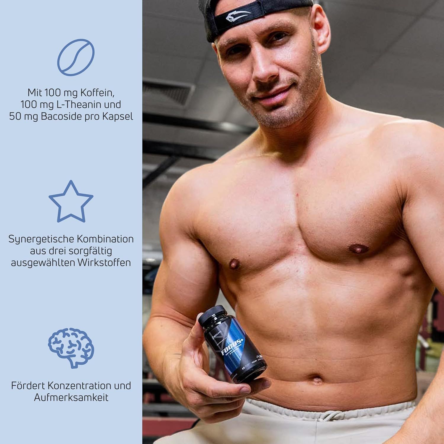 Mann hält eine Flasche. Auf der Flasche steht Focus+. Blaue und schwarze Flasche. Der Mann ist muskulös und trägt eine Kappe.