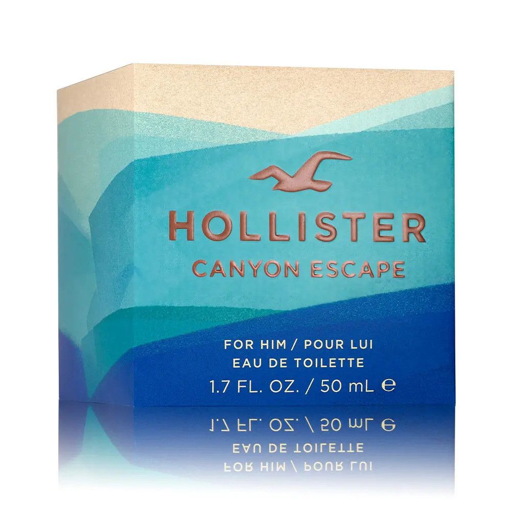 Verpackung von Hollister Canyon Escape Eau de Toilette. Blau-weißes Design mit Logo und Produktnamen.