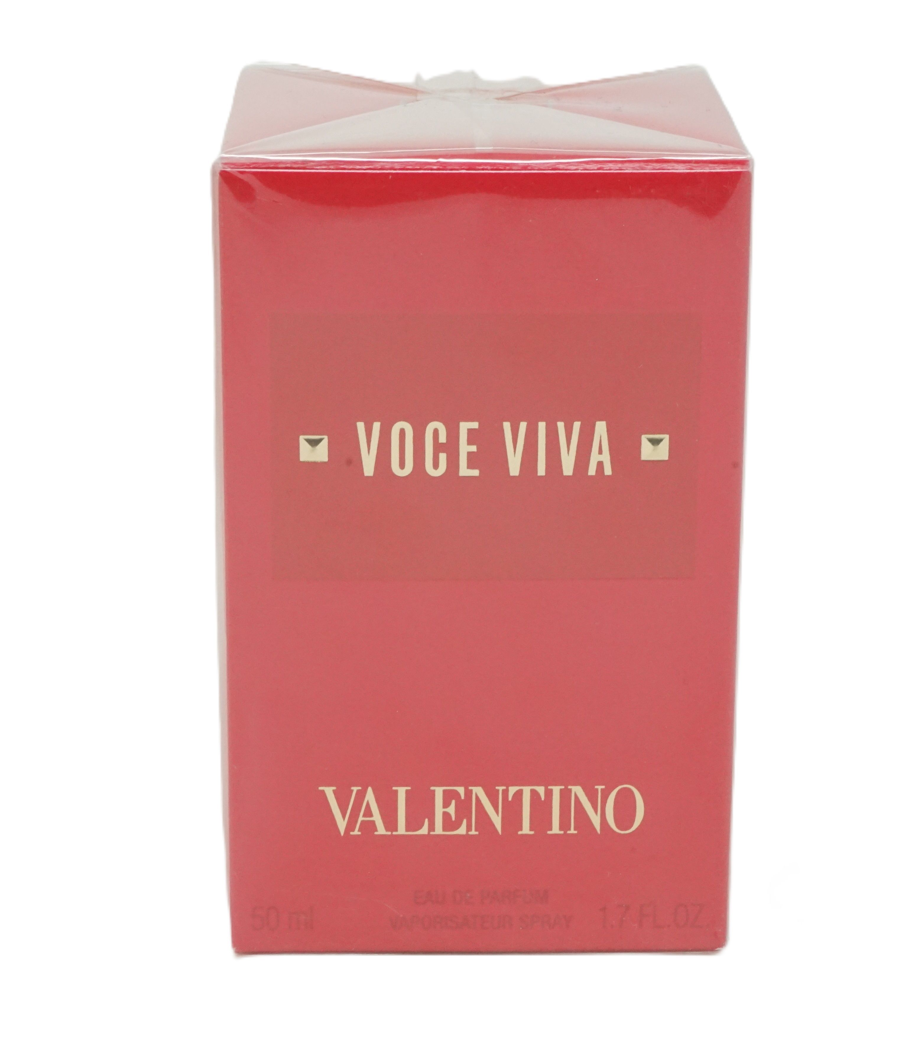 Rote Verpackung mit goldenem Text. Valentino Voce Viva Eau de Parfum. 50 ml.