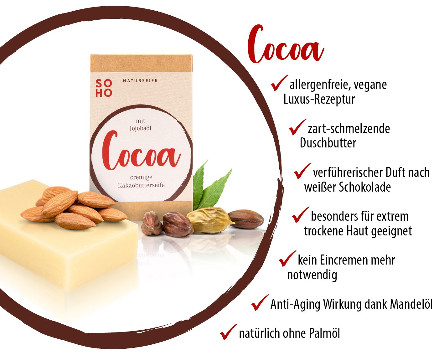 Seifenstück und Verpackung. Rechteckige Seife neben brauner Schachtel mit rotem Schriftzug "Cocoa". Marke "SOHO". Mandeln und Nüsse.