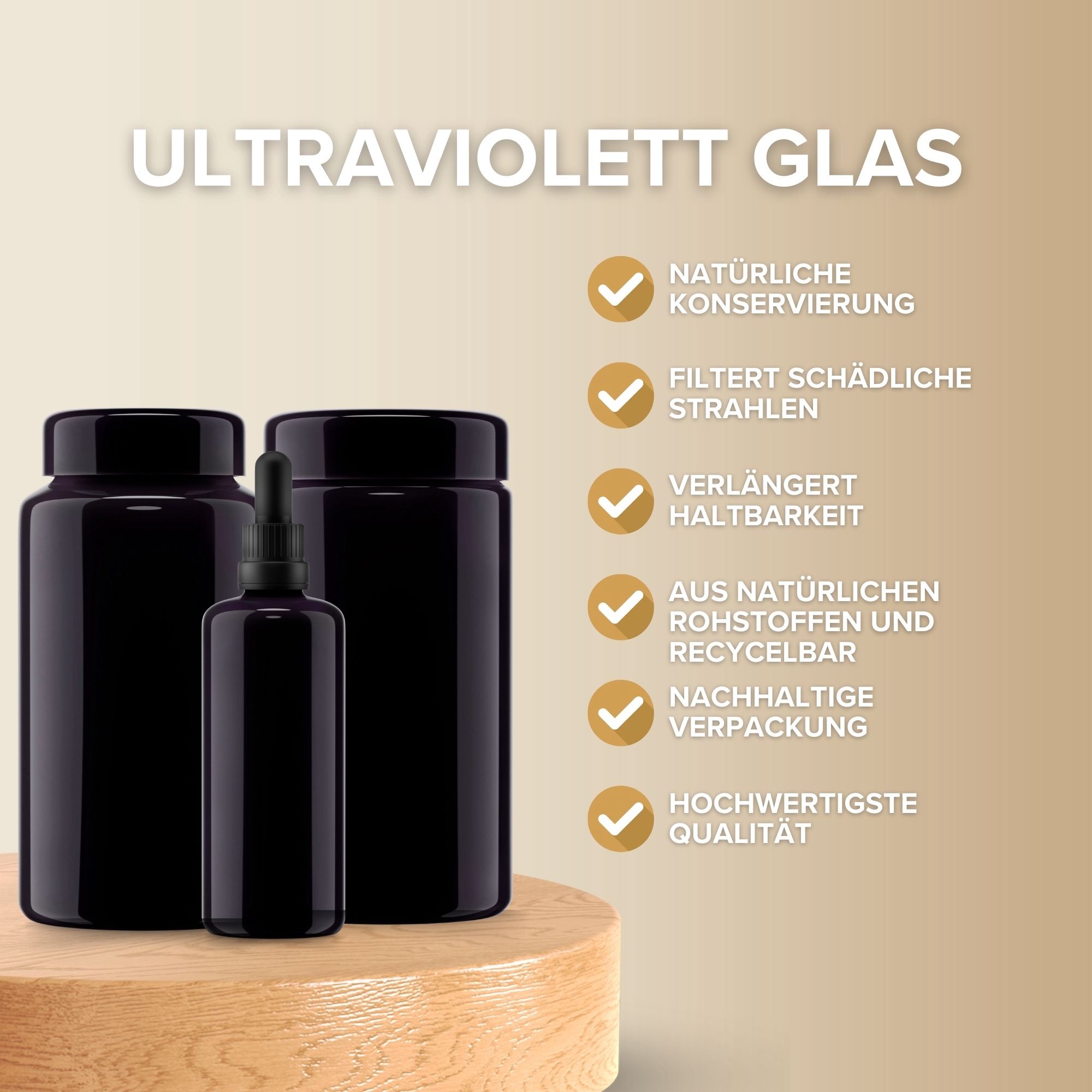 Drei dunkle Glasbehälter. Aufschrift: Ultraviolett Glas. Logos: Natürliche Konservierung, filtert schädliche Strahlen, nachhaltige Verpackung.
