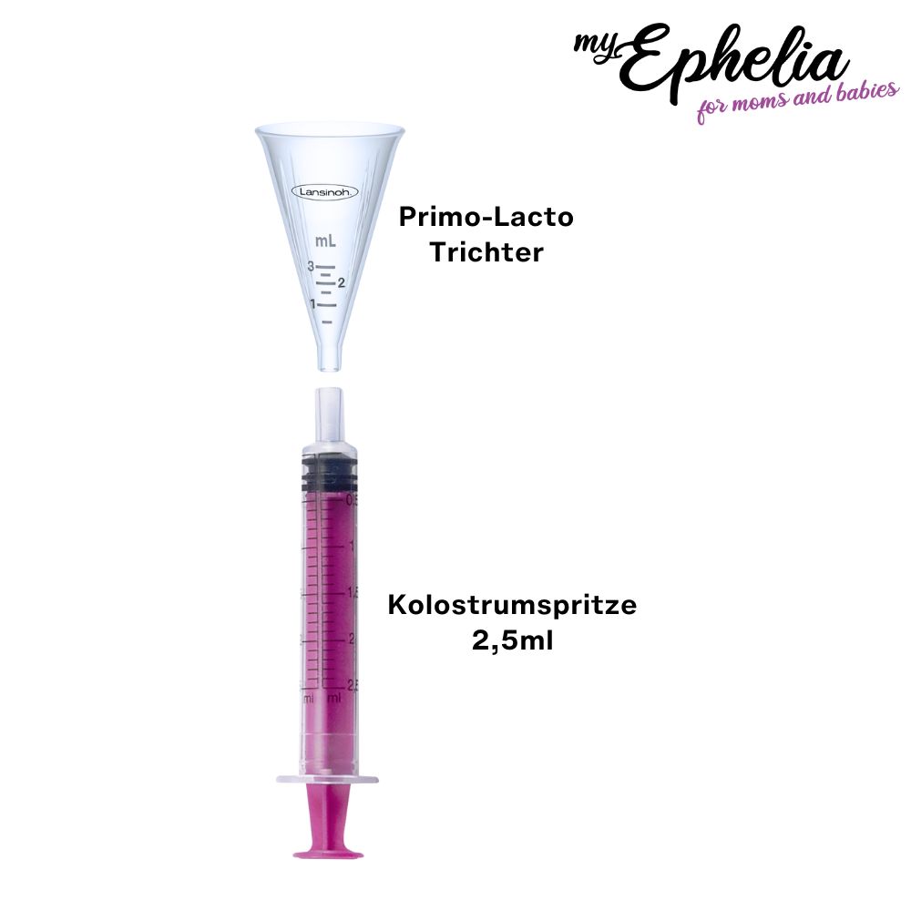 Trichter und Kolostrumspritze. Der Trichter ist transparent und hat eine Skala. Die Spritze ist rosa und hat eine Skala von 2,5 ml.