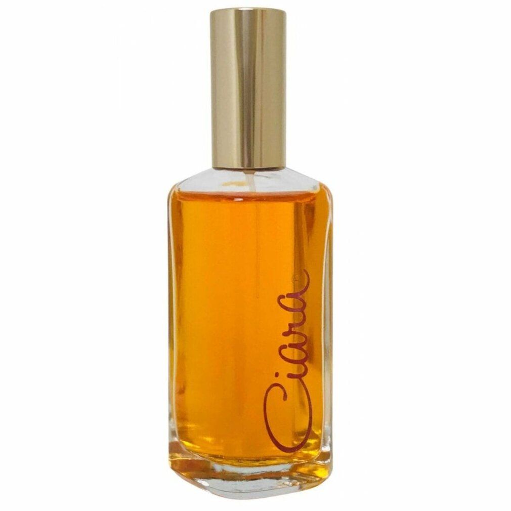 Revlon Ciara Eau de Parfum Flakon mit goldener Kappe und orangefarbener Flüssigkeit.