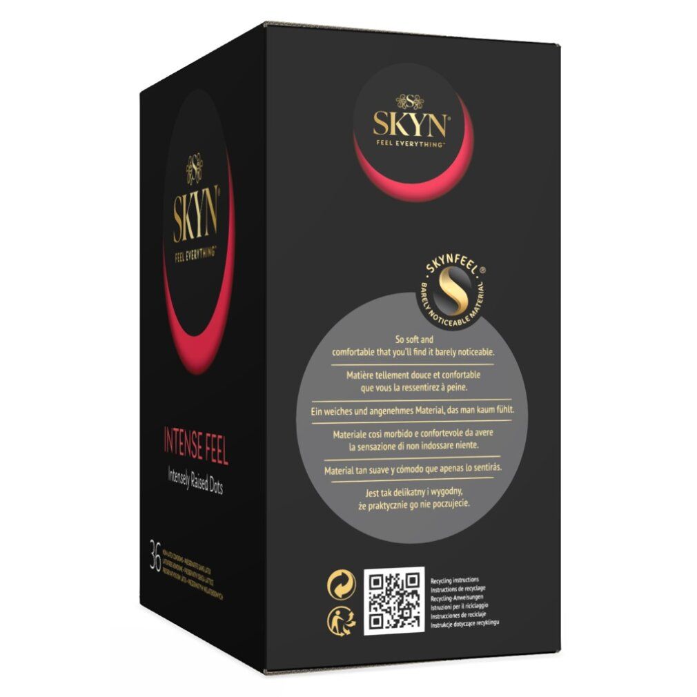 Seitenansicht der schwarzen Verpackung. Produktname, Logo und Text. "Intense Feel" und "36" sind sichtbar. Text über recycelbare Materialien.