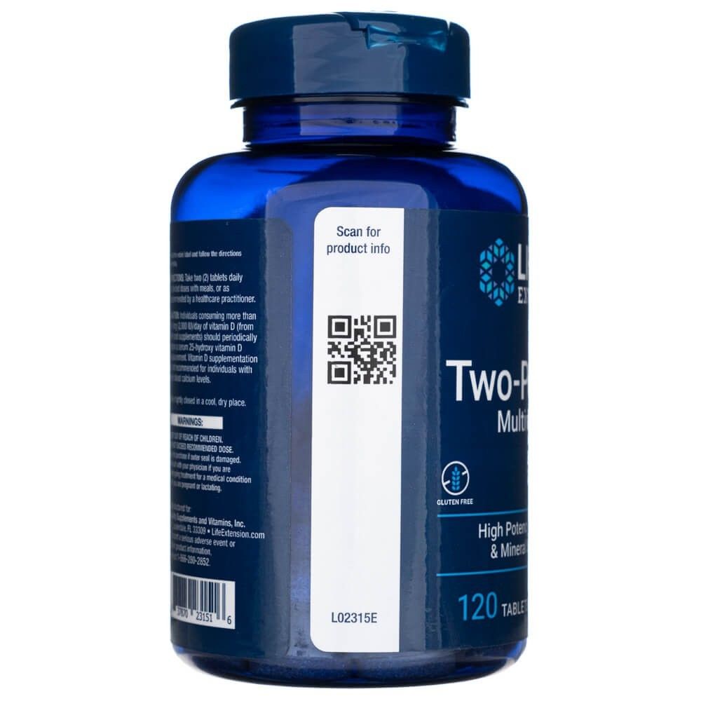 Blaue Flasche mit Multivitamin-Tabletten, 120 Stück.