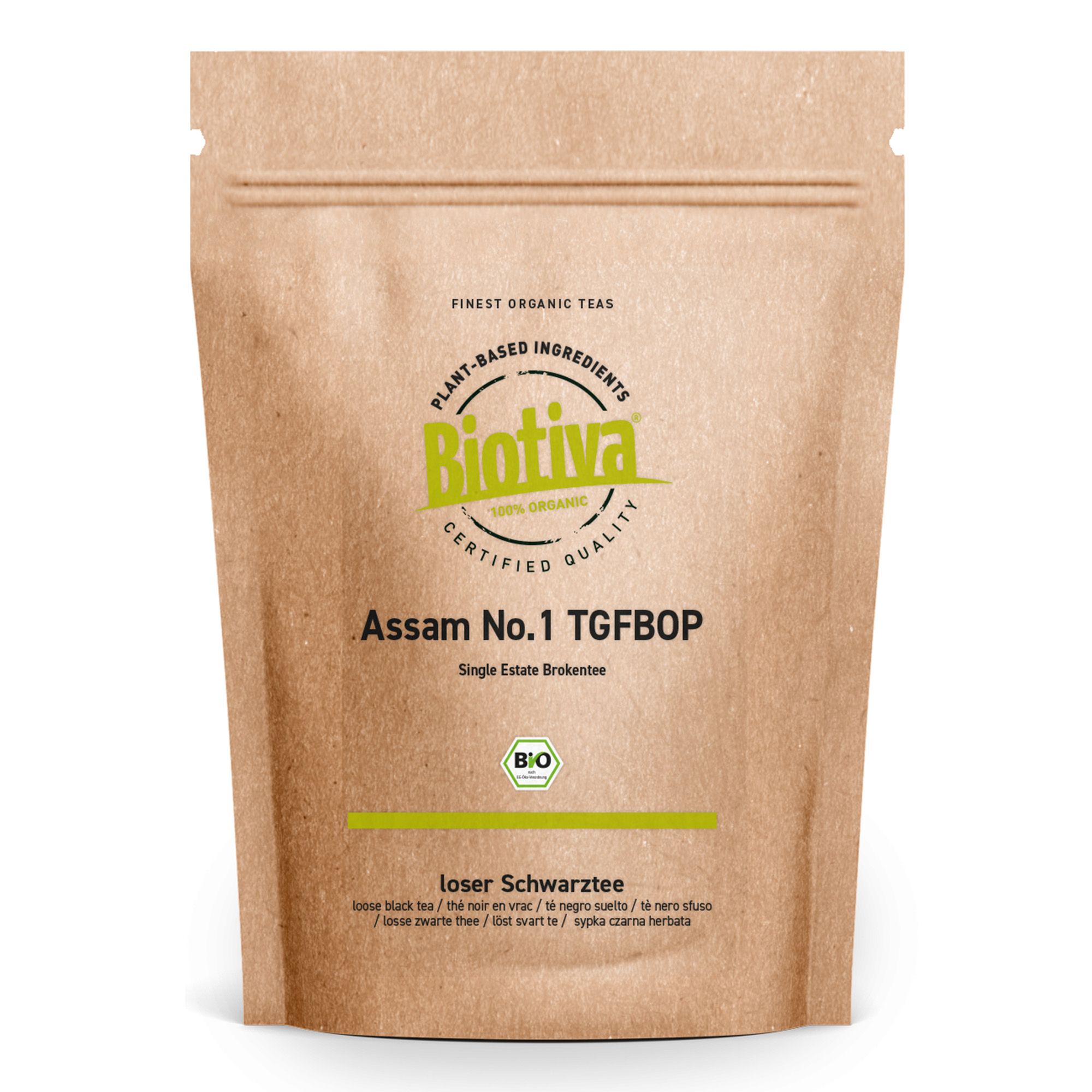 Beutel mit Biotiva Assam No.1 TGFBOP Schwarztee Bio. Braune Papierverpackung mit Logo und Text. Bio-Siegel.