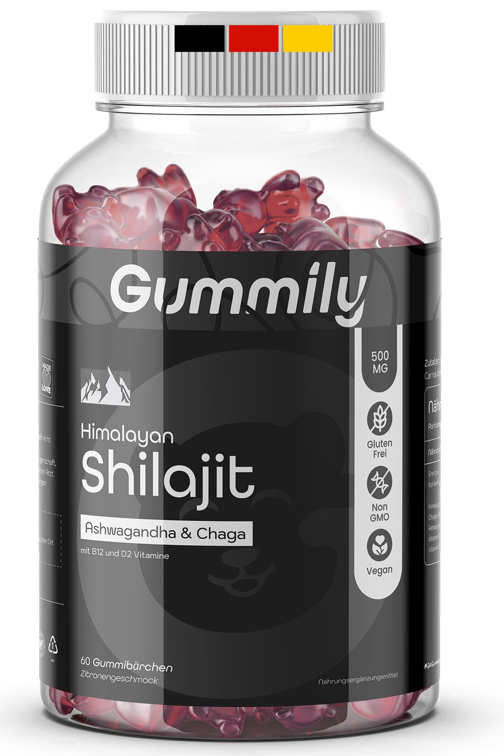 Gummily® Shilajit Gummies in Dose. Enthält Ashwagandha & Chaga. Vegan, glutenfrei, ohne Gentechnik. 60 Gummibärchen.