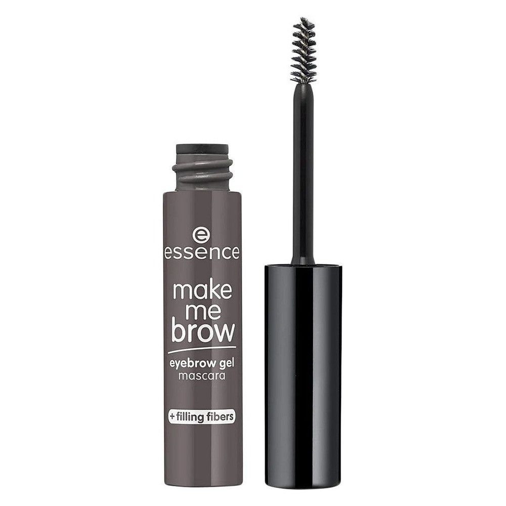 Augenbrauengel-Mascara mit Bürste. Flasche mit schwarzem Deckel und Produktnamen. Bürste mit Borsten. Marke: Essence Make Me Brow.