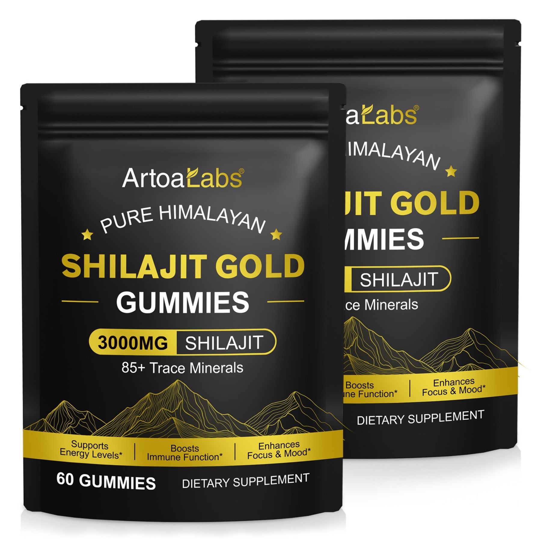Zwei schwarze Beutel mit Produktinformationen. Aufschrift: Shilajit Gold Gummies, 3000mg Shilajit, 60 Gummies. Dietary Supplement. Mit Berg-Grafik.