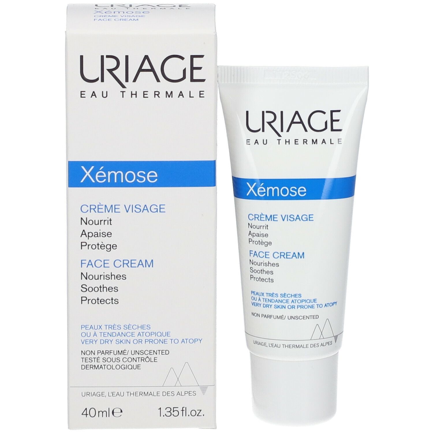 Schachtel und Tube URIAGE Xémose Face Cream. Text: Crème Visage, Face Cream. Für sehr trockene Haut. 40ml. Ohne Parfum, unparfümiert.