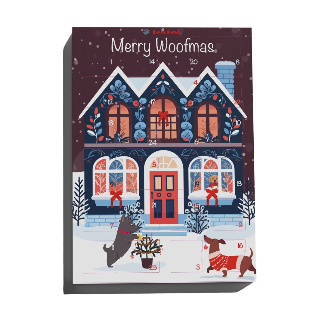 Adventskalender "Cozy Dog House". Haus-Illustration mit Hunden, Schnee und "Merry Woofmas" Schriftzug. Pets Best Logo oben.