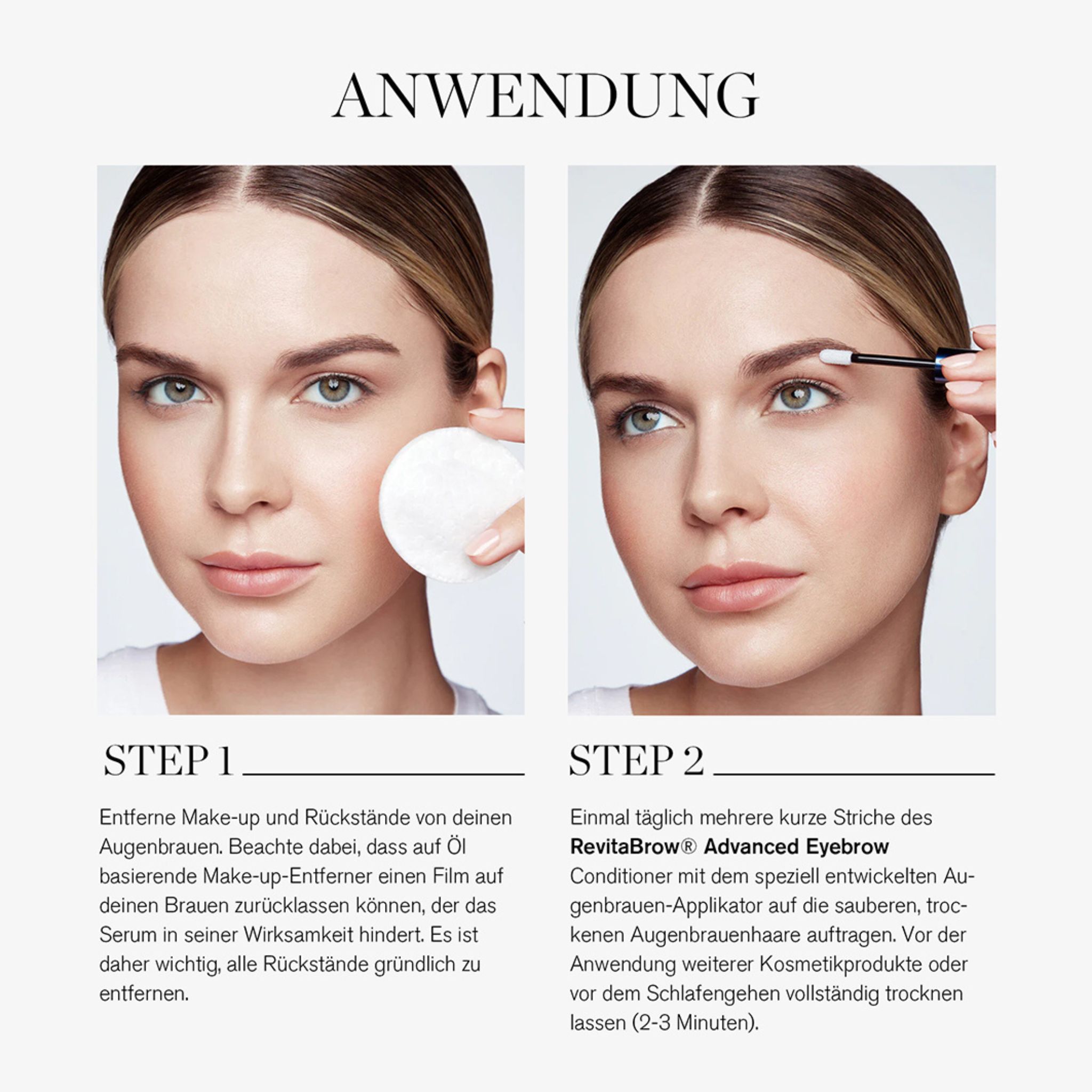 Zwei Bilder zeigen die Anwendung. Entfernen von Make-up und Auftragen des Produkts mit einem Applikator.