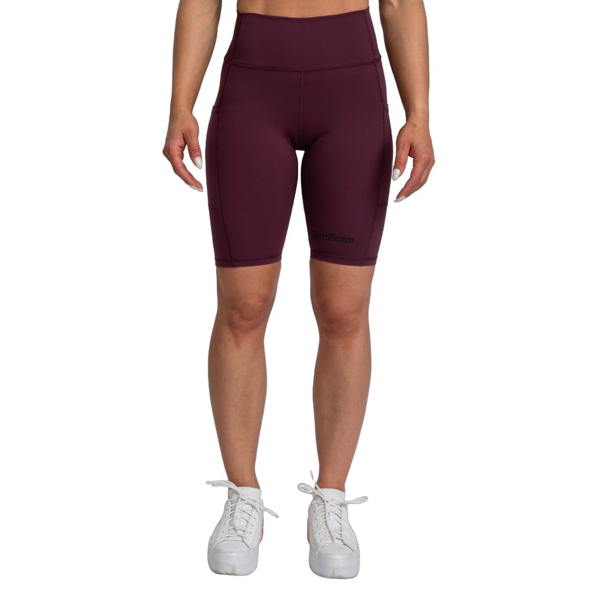 Damen Biker Shorts in Dunkelrot mit hoher Taille und seitlichen Taschen.