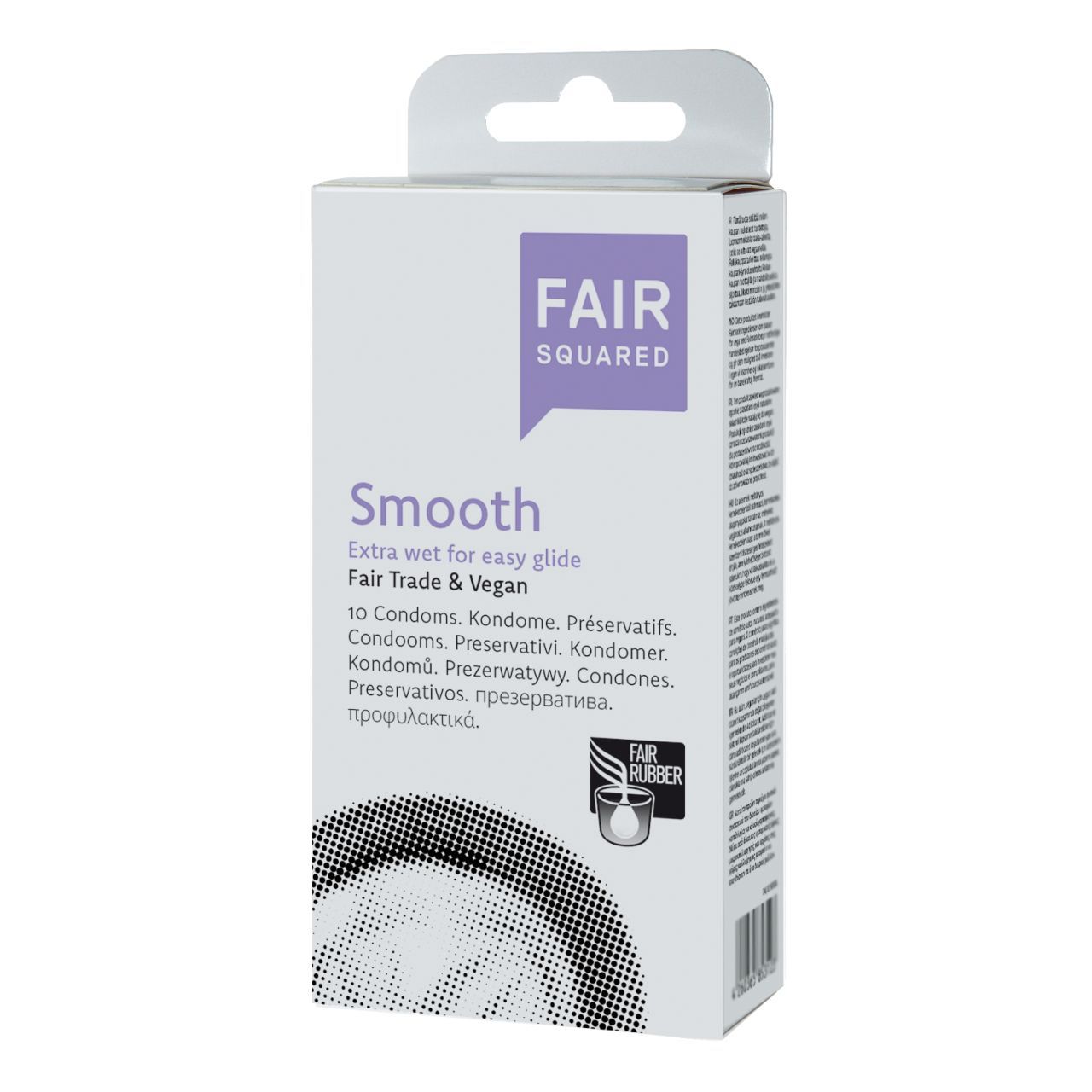 Verpackung "Smooth" von "Fair Squared" mit Aufhängevorrichtung. Enthält 10 Kondome. Fair Trade und Vegan-Siegel.