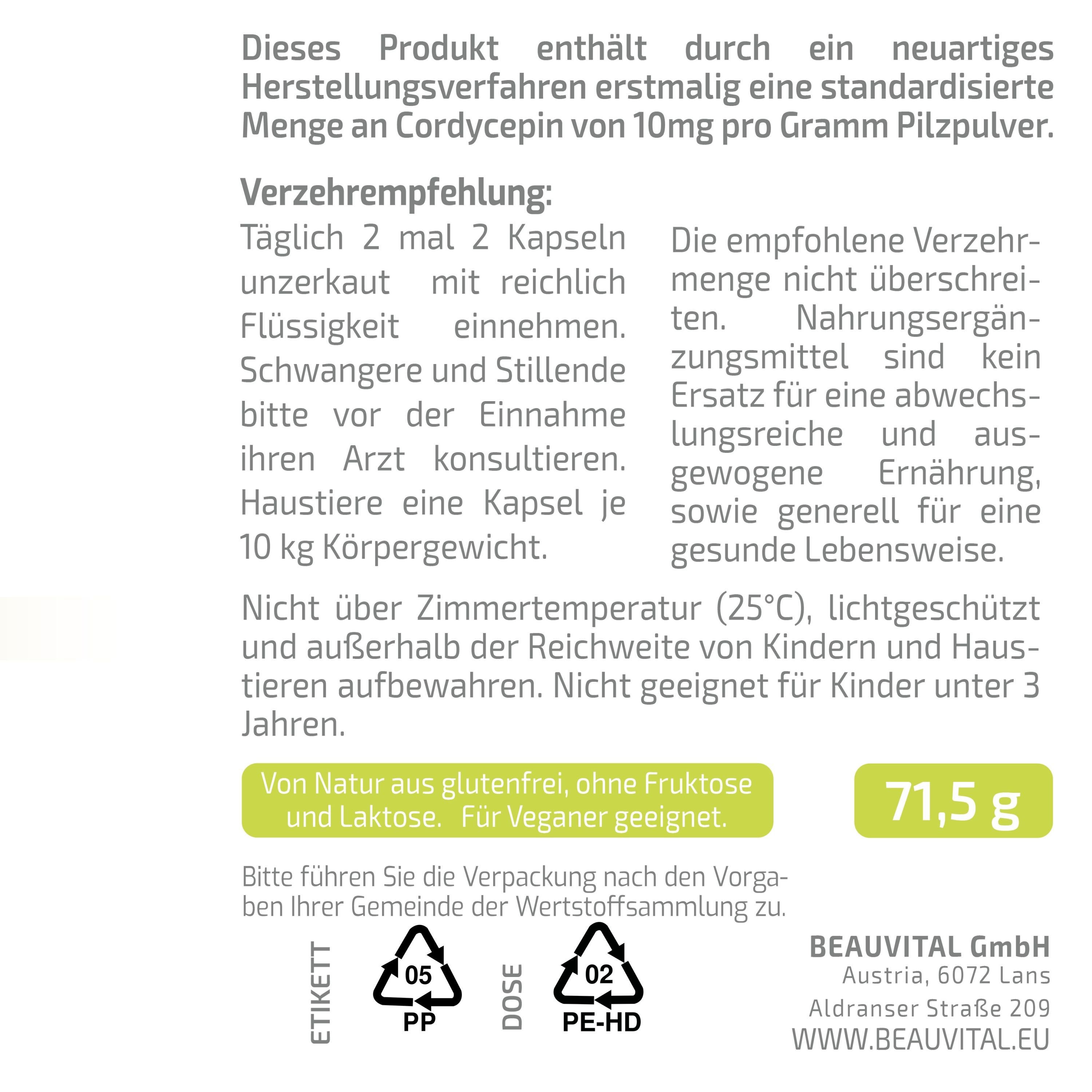 Nahaufnahme des Etiketts: "NEU 5 mg Cordycepin je Kapsel" in einem ovalen Feld auf BEAUVITAL® Pure Bio Cordyceps Gold.