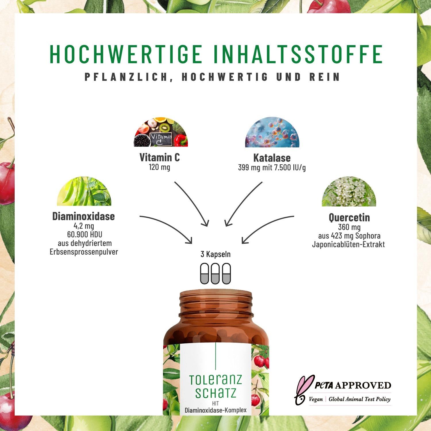Grafik mit Inhaltsstoffen: Vitamin C, Katalase, Quercetin, Diaminoxidase. 3 Kapseln. Braune Flasche mit Produktaufdruck. PETA Approved Logo.
