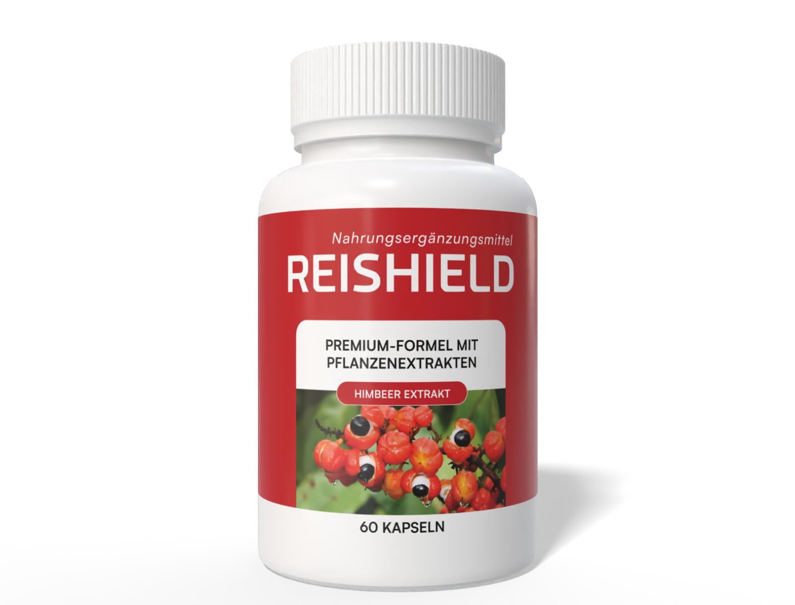 Eine Flasche Reishield Nahrungsergänzungsmittel mit Himbeerextrakt und Pflanzenextrakten, 60 Kapseln.