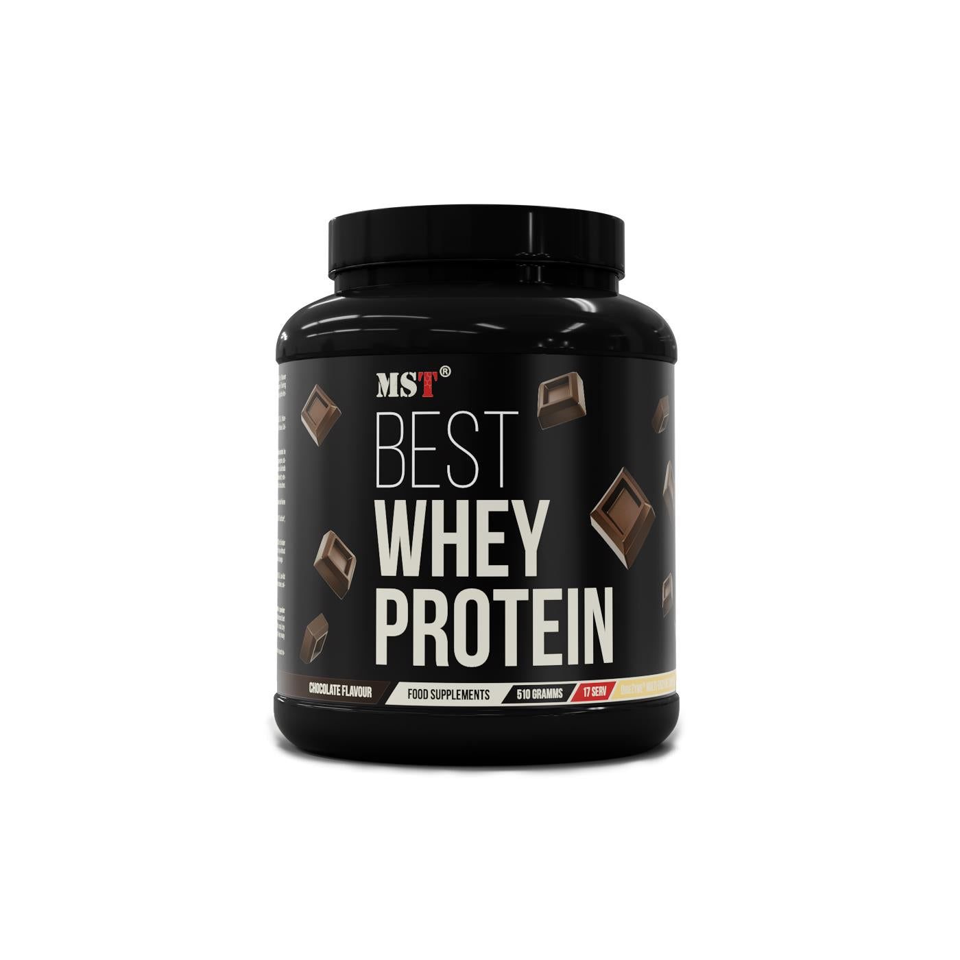 Schwarze Dose MST Best Whey Protein. Aufschrift: Chocolate Flavour, 500 Gramm. Schokoladenstücke als Design.
