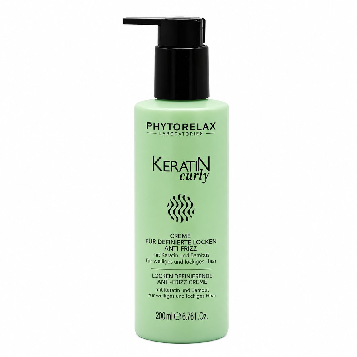 Grüner Spender mit schwarzer Pumpe. Enthält 200ml Keratin Curly Anti-Frizz Creme.