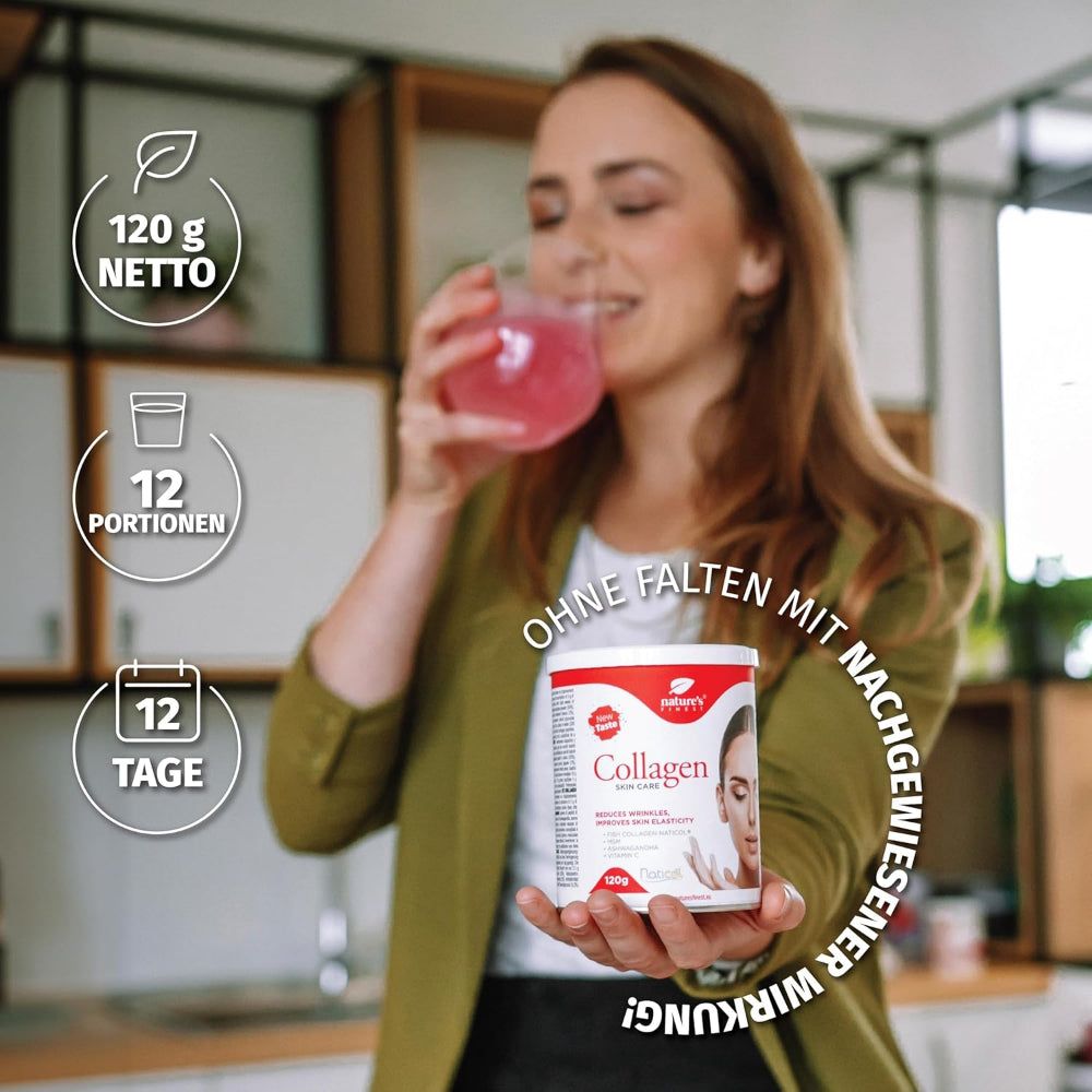 Dose Kollagen Skin Care, daneben Schüssel mit rosa Flüssigkeit, Wasserglas, Löffel. Anweisungen.