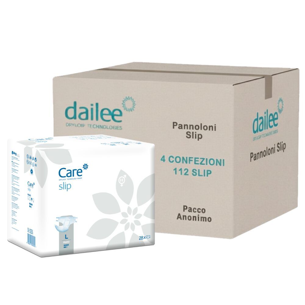 Dailee Care Slip Paket und Karton mit 112 Windeln.