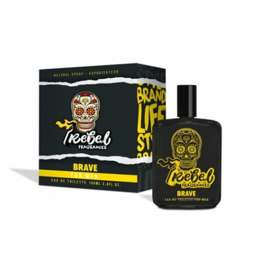 Schwarze Flasche und Schachtel mit Totenkopf-Design. "Rebel Fragrances Brave" Text. Eau de Toilette.