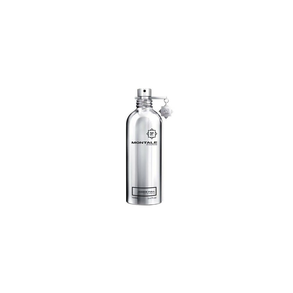 Silberne Flasche mit Zerstäuber und Anhänger. Aufschrift: Montale, Jasmin Full. Steht auf weißem Hintergrund.