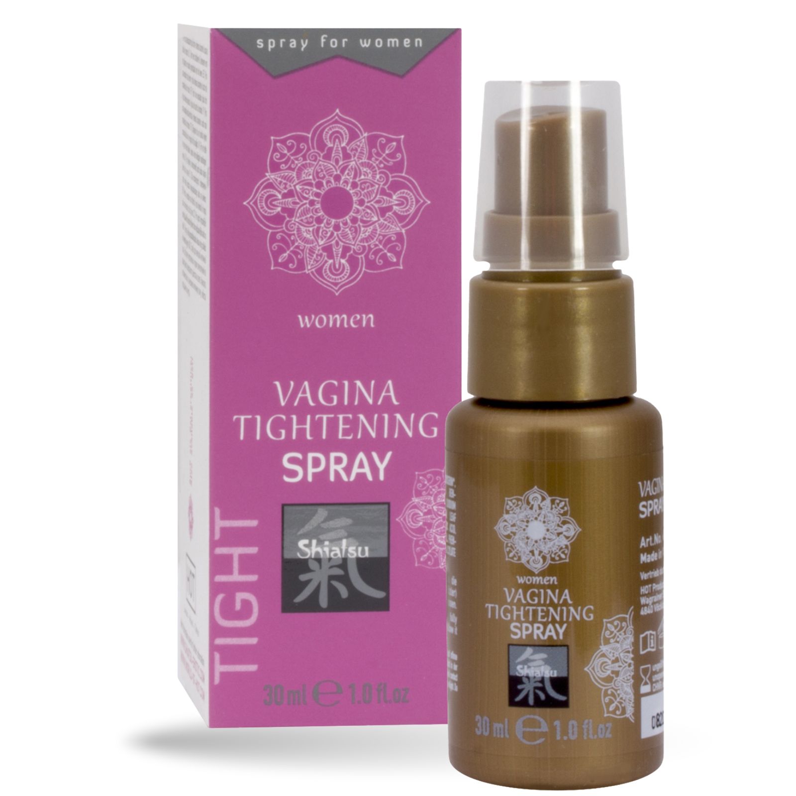 Goldfarbene Sprühflasche und Verpackung. Aufschrift: Vagina Tightening Spray. 30ml.