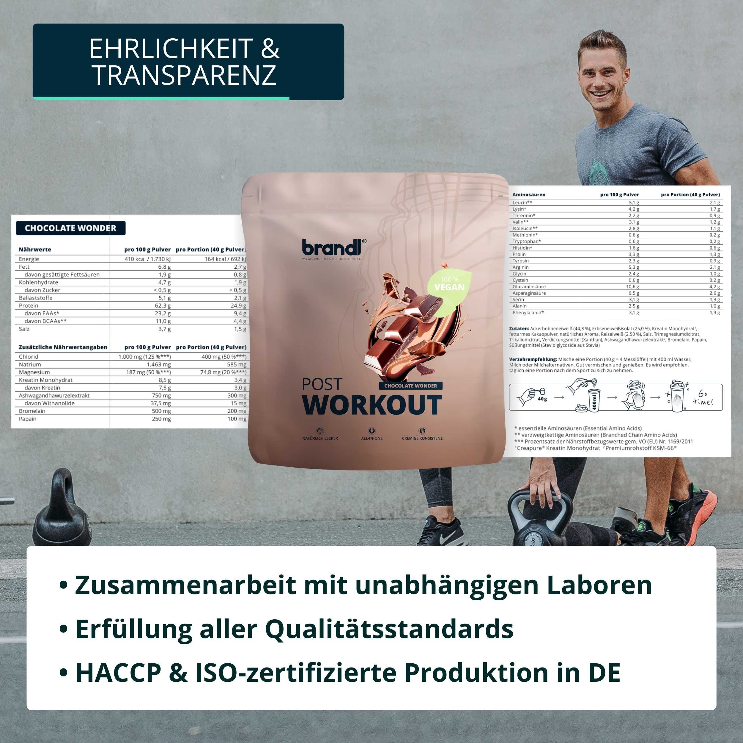 Mann mit Produkt. Text: 'EHRLICHKEIT & TRANSPARENZ'. Informationen über Zusammenarbeit mit Laboren, Qualitätsstandards.