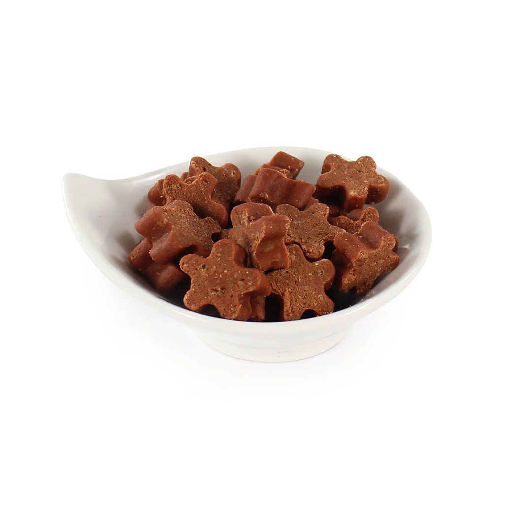 Braune, sternförmige Hundesnacks in einer weißen Schale. Die Schale hat eine unregelmäßige Form.