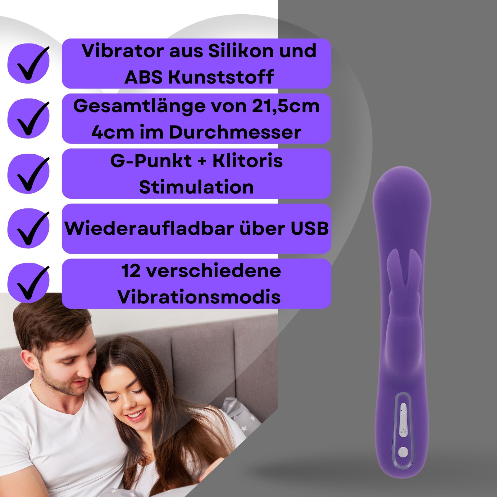 Lila Vibrator. Silikon und ABS. 21,5 cm lang, 4 cm Durchmesser. G-Punkt & Klitoris Stimulation. USB aufladbar. 12 Modi.