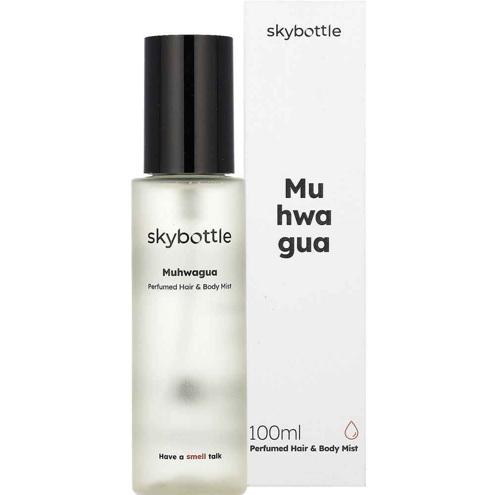 Flakon und Verpackung. Flakon: skybottle Muhwagua Perfumed Hair & Body Mist. Verpackung: skybottle, 100ml, roter Tropfen.