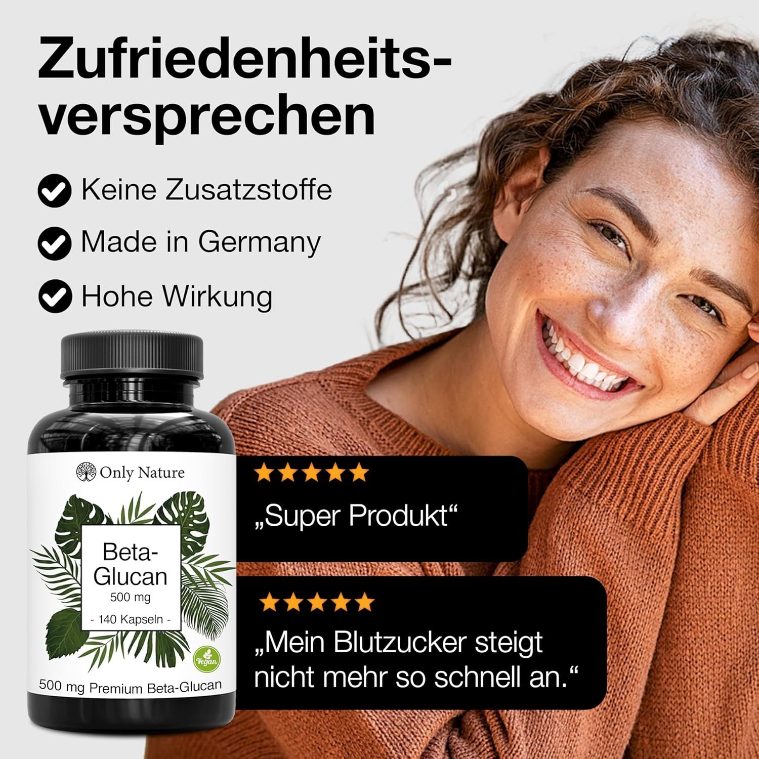 Braune Flasche mit schwarzem Deckel. Etikett mit 'Only Nature', 'Beta-Glucan', 500 mg, 140 Kapseln. Vegan-Siegel. Text und Sterne.