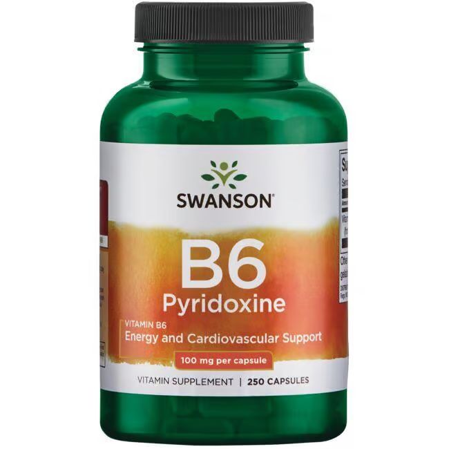 Grüne Flasche mit weißem Etikett. Aufschrift: SWANSON B6 Pyridoxin, 100 mg pro Kapsel. 250 Kapseln.