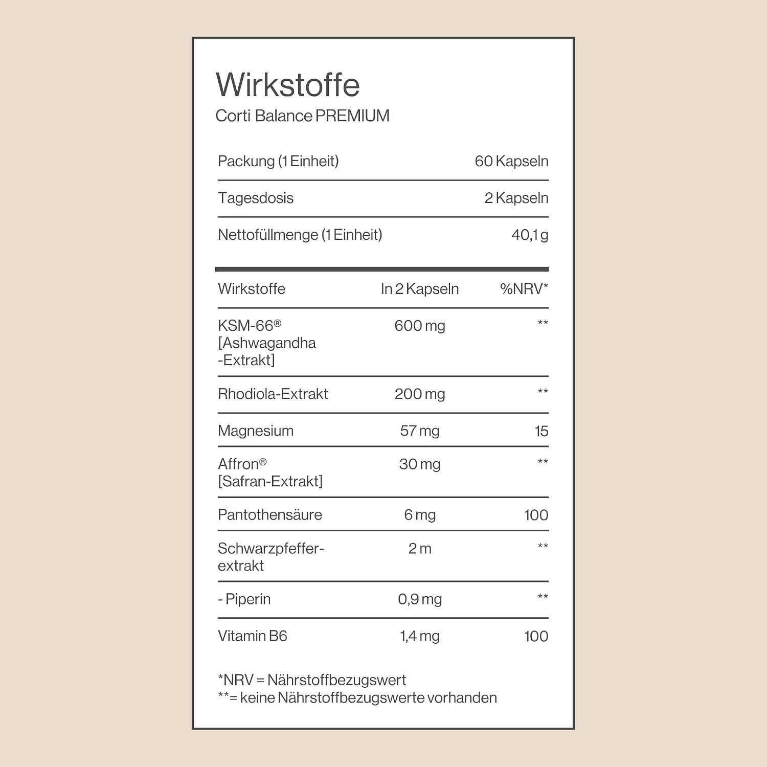 Inhaltsstoffe von Corti Balance PREMIUM: KSM-66 Ashwagandha, Rhodiola, Magnesium, Affron Safrans extrakt, Pantothensäure, Pfeffer extrakt, Vitamin B6.