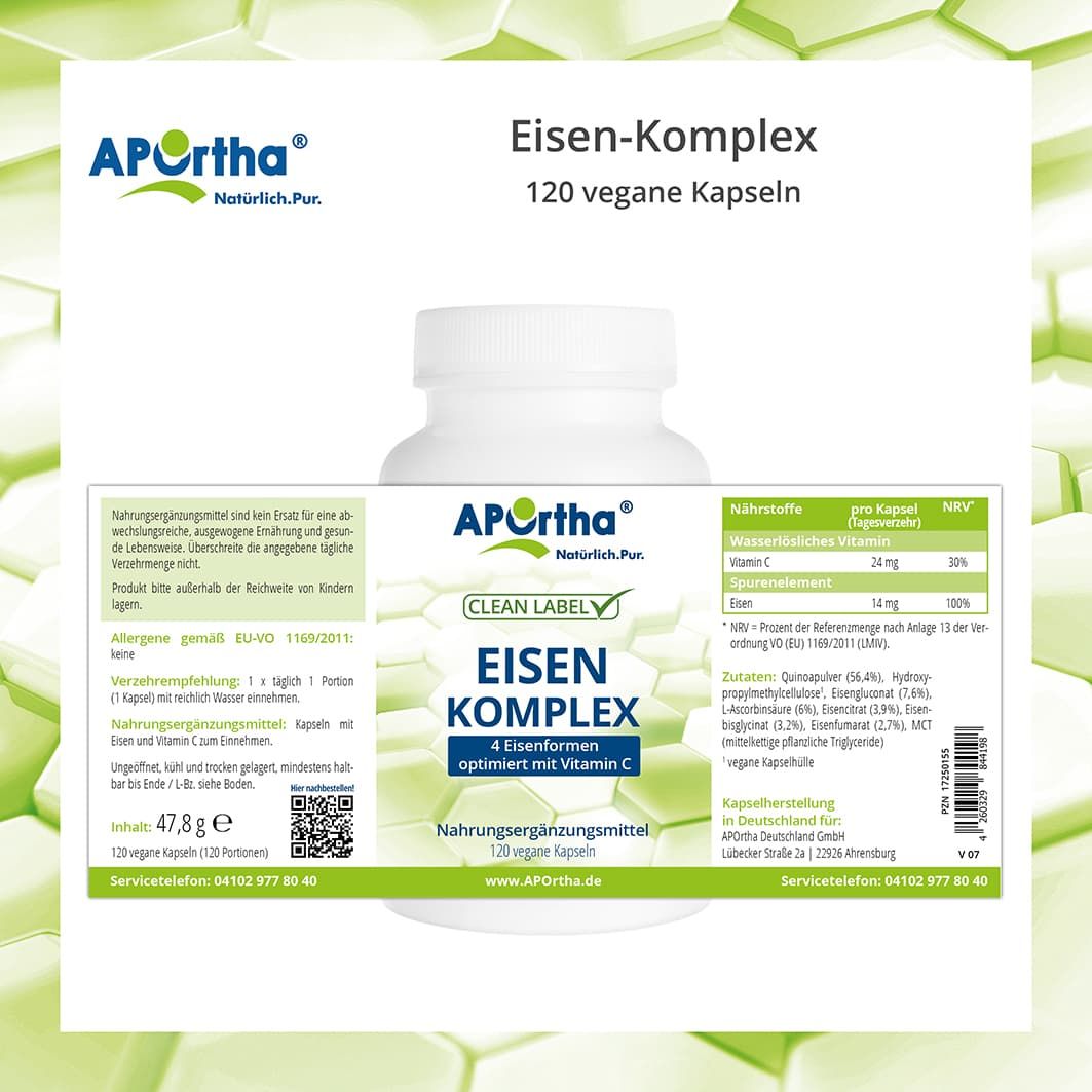 Produktinformationen zu APOrtha® Eisen-Komplex Kapseln. Zeigt: Nährwerttabelle, Inhaltsstoffe, Flasche mit Kapseln.