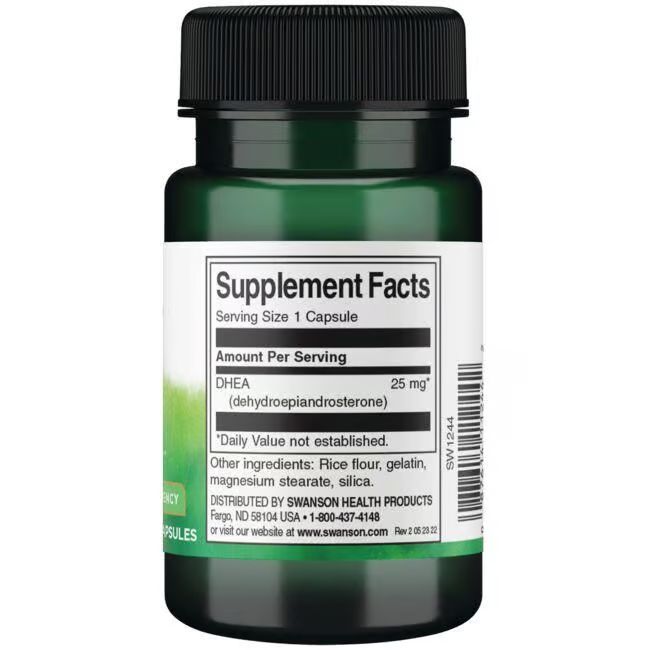 Rückansicht einer grünen Flasche mit schwarzem Deckel. Etikett mit "Supplement Facts" und Inhaltsstoffen.