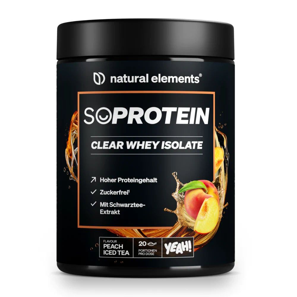 Schwarze Dose mit "natural elements" und "SOPROTEIN CLEAR WHEY ISOLATE". Pfirsich-Eistee-Geschmack, 20 Portionen.