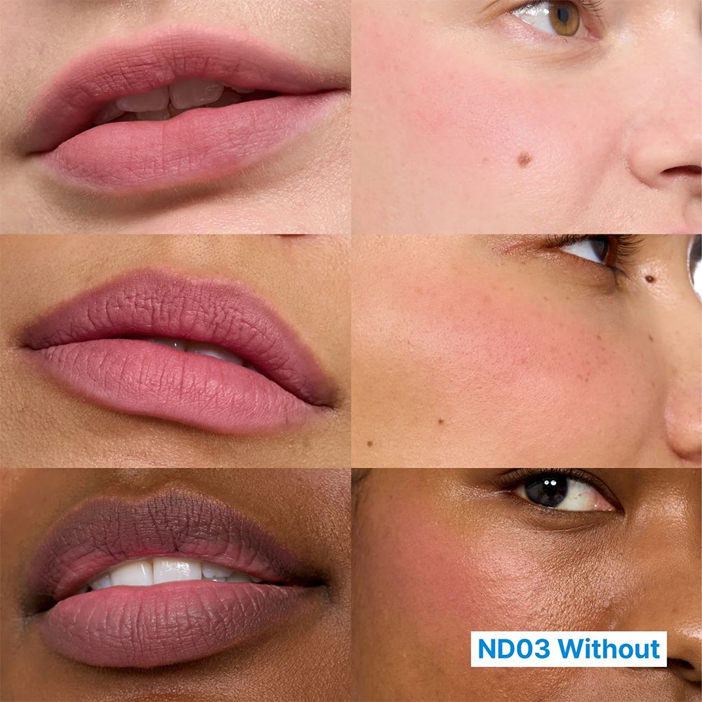 Collage: Lippen und Wangen verschiedener Hauttöne mit dem Farbton ND03 Without.