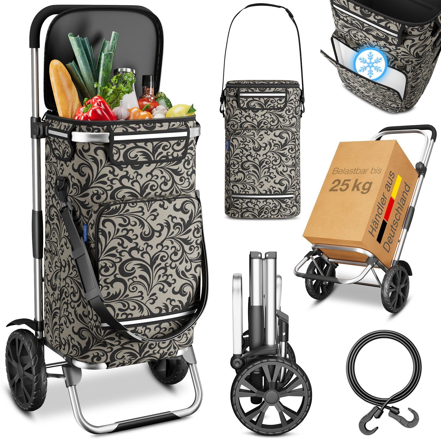 Einkaufstrolley mit floralem Muster, Kühltasche, Spanngurt. Trolley mit 2 Rädern, zusammengeklappt. Belastbarkeit bis 25 kg.