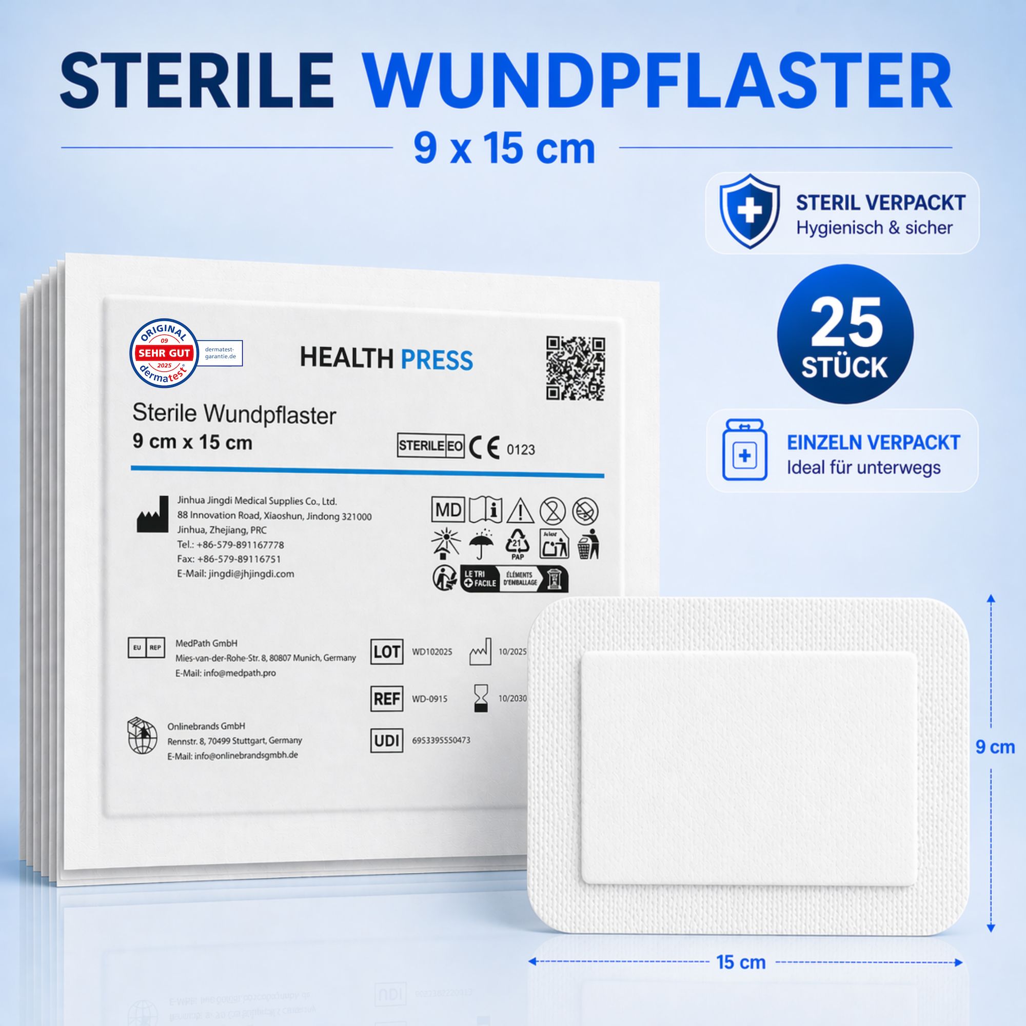 Verpackung und einzelnes steriles Wundpflaster 9x15 cm, 25 Stück.