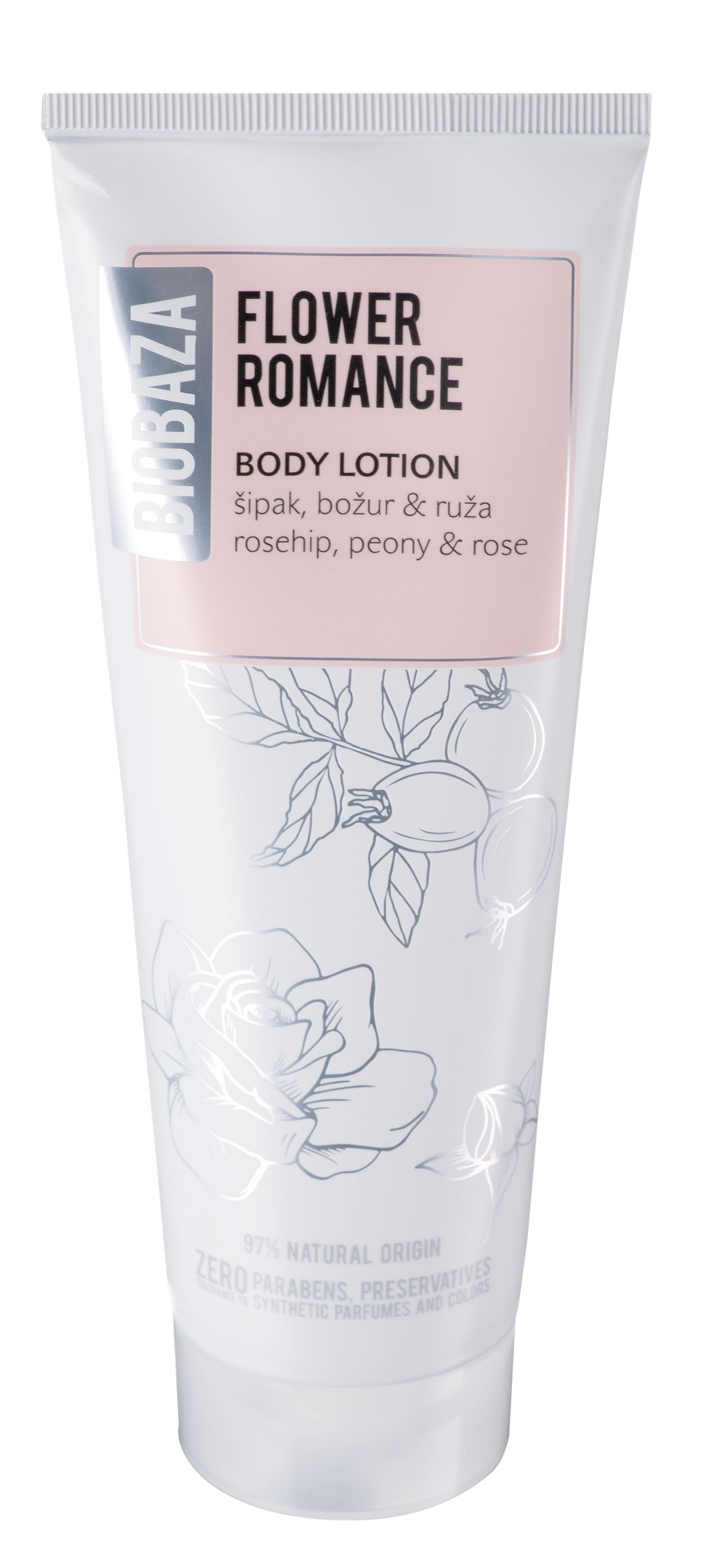 Weiße Tube mit Aufschrift Flower Romance Body Lotion. Enthält 97% natürlichen Ursprungs. Mit Zeichnungen von Blumen und Blättern.