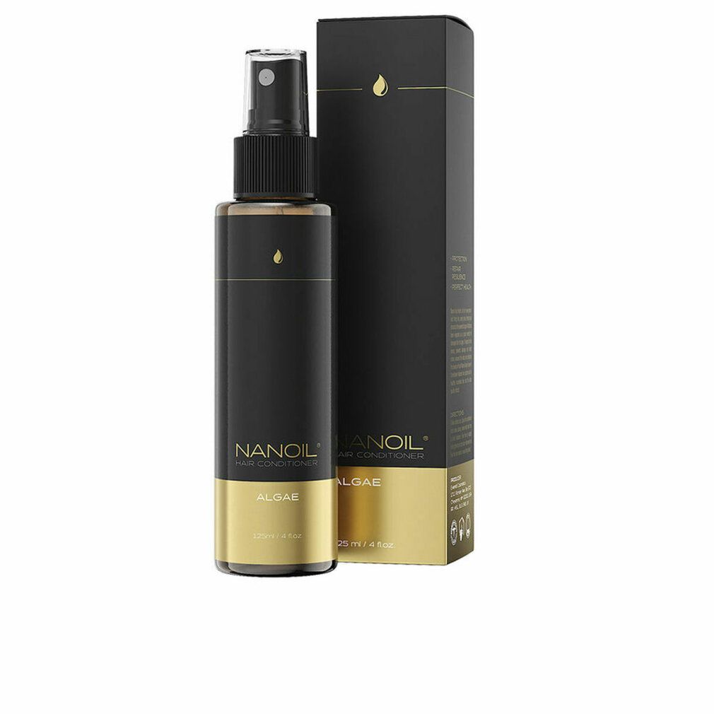 Schwarze Flasche mit Sprühkopf und goldfarbenen Akzenten. Aufschrift: NANOIL Hair Conditioner Algae. Stehende Verpackung daneben.