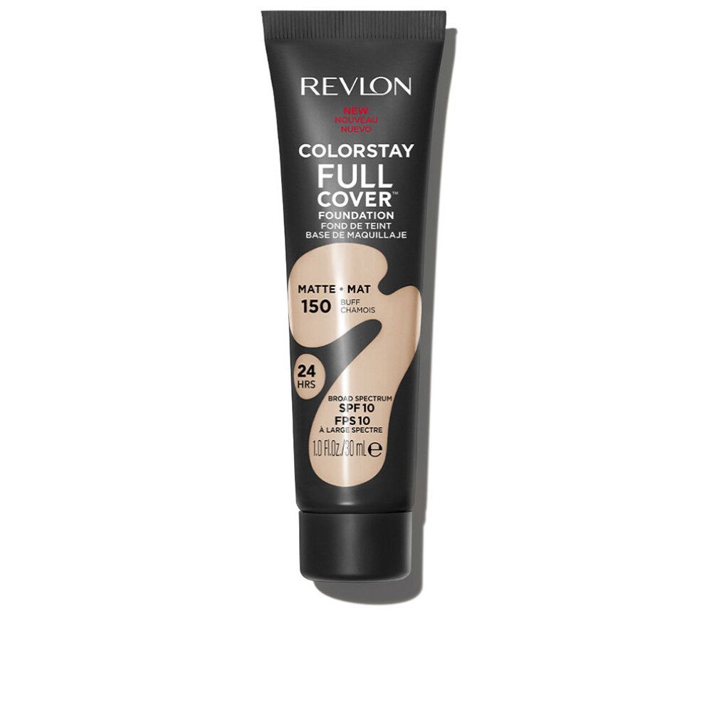 Revlon Colorstay Full Cover Foundation 150-Chamois. Schwarze Tube mit Produktinformationen. Matte Textur, SPF 10.